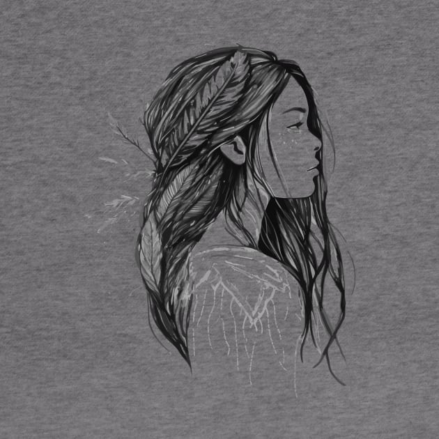 The Girl With Feathers Black And White Drawing by Digital Mag Store